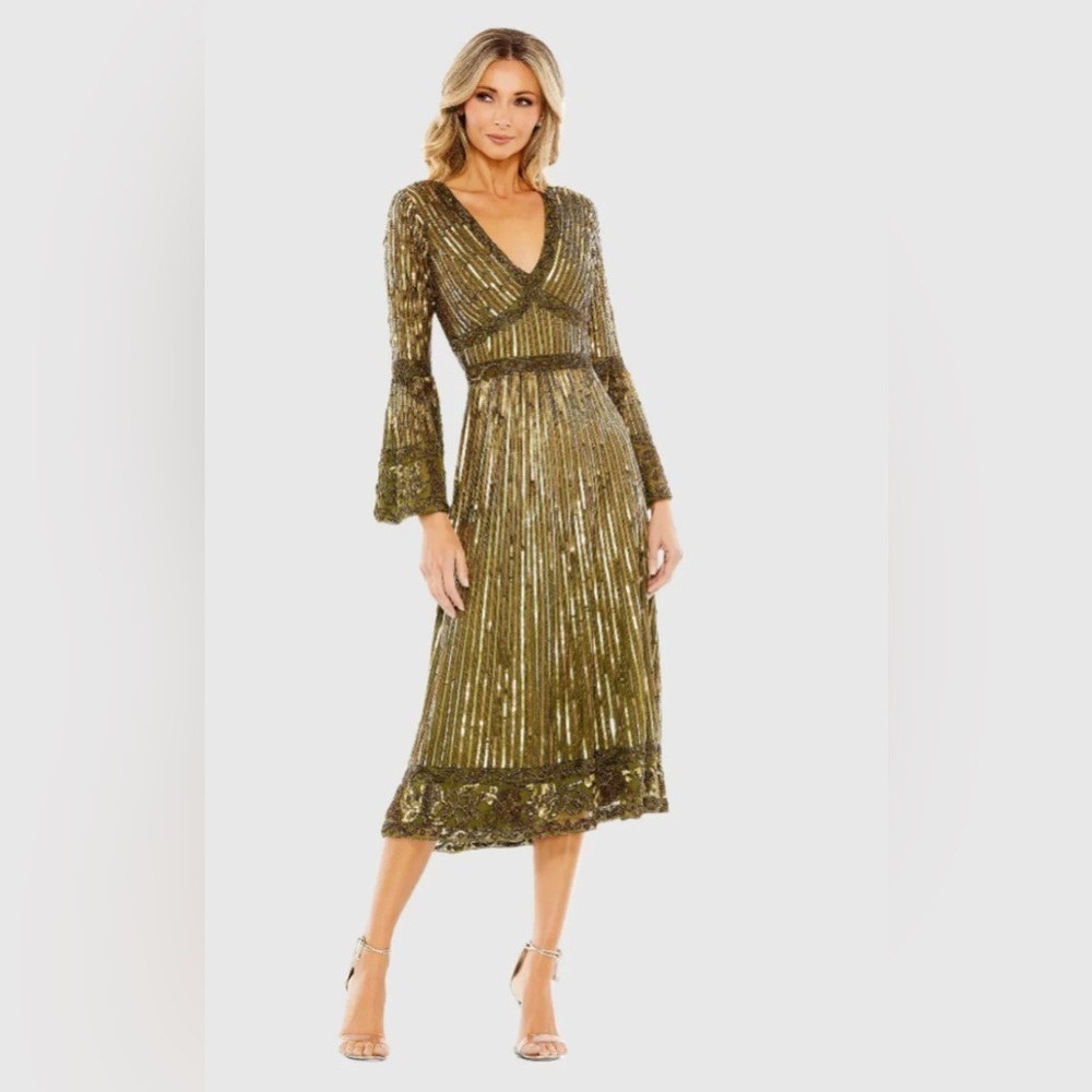 NWT Mac Duggal 5591 LightOlive 3/4 Sleeve V Neck A Line Dress Size 6